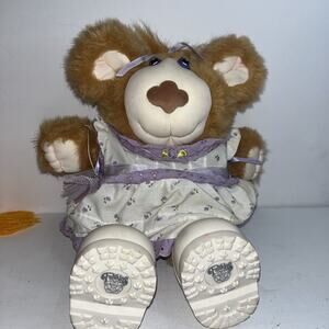 Vintage 1985 Furskins Coleco Plush Lila Claire 14”Bear Lilac Dress + Hat + Shoes